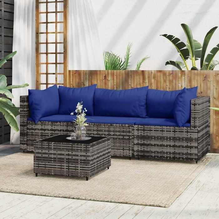vidaXL Salon de jardin 4 pcs avec coussins Gris Résine tressée ensemble de salon dextérieur ensemble de mobilier 319847
