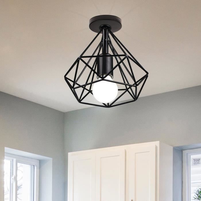 UNI Lampe de Plafond Cage Métal E27 20cm Plafonnier Lustre Luminaire Industrielle Noir