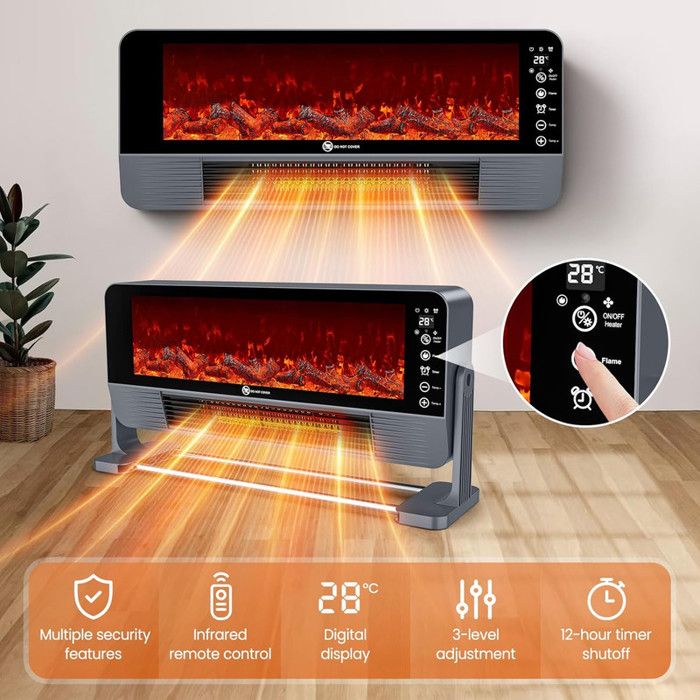 Lehmann LHOHH-2013B Chauffage mural avec 2 niveaux de puissance 1000/2000 W | Wi-Fi, télécommande, affichage LED | Chauffage de salle de bain avec minuterie et oscillation (Noir