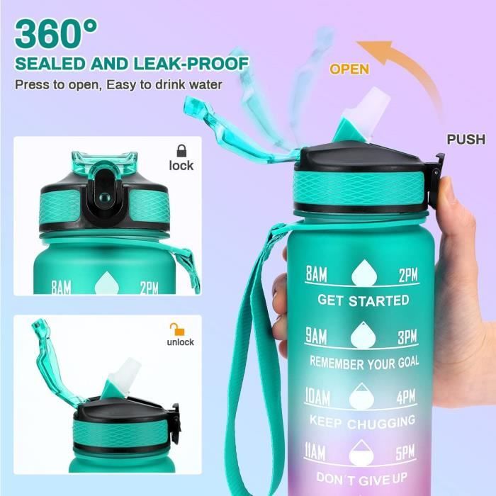 Gourde Sport 750 Ml Avec Marqueur De Temps - Sans BPA, étanche, Avec Paille Et Dragonne, Pour Gym, Course, Bureau, Couleur Violette - 2