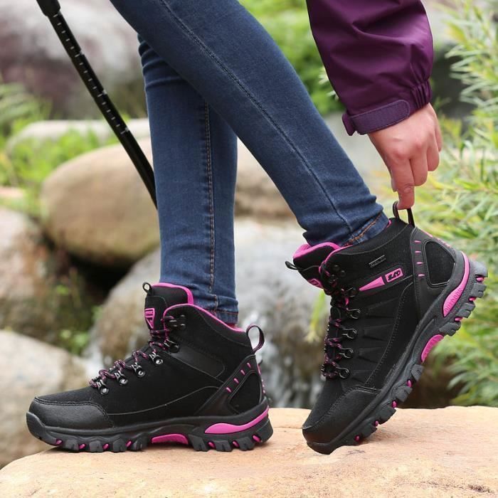 Chaussures Montantes Randonnee Femme Suede Cuir Impermeable Trekking Outdoor Noir