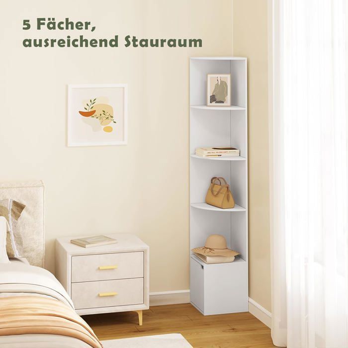 Étagère D'Angle WOLTU 5 Niveaux Blanc - Avec Placard Porte - 158x29,5cm - Bois Ingénierie - Rangement Salon/Chambre