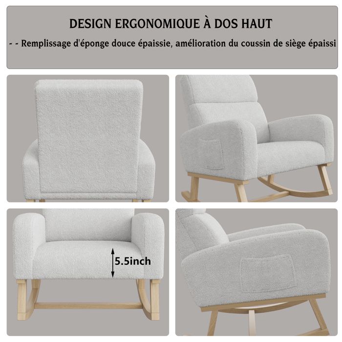Fauteuil à Bascule Allaitement Scandinave Chaise Loisir Et Repos En Tissu Avec Pieds En E' Bois Métal Pour Salon, Chambre, Gris