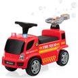 DREAMADE Camion de Pompier Porteur Enfant avec Machine à Bulles, Voiture à Pousser avec Lumières et Effets Sonores Musicaux, Rouge-0