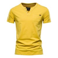 T-Shirt Homme Manches Courtes Avec Poche Tee Shirt En Coton Col V Couleur Unie Tissu Confortable - Jaune