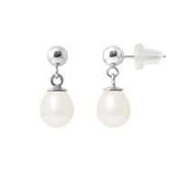 PERLINEA - Boucles d'Oreilles Comète - Véritables Perles de Culture d'Eau Douce Poires 6-7 mm Blanc Naturel - Or Blanc - Bijoux