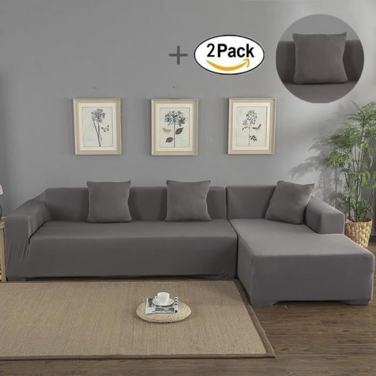 3 + 2 sièges, housse de canapé de protection en forme de L, 2 taies d'oreiller, pour meubles de luxe et de maison douce - gris