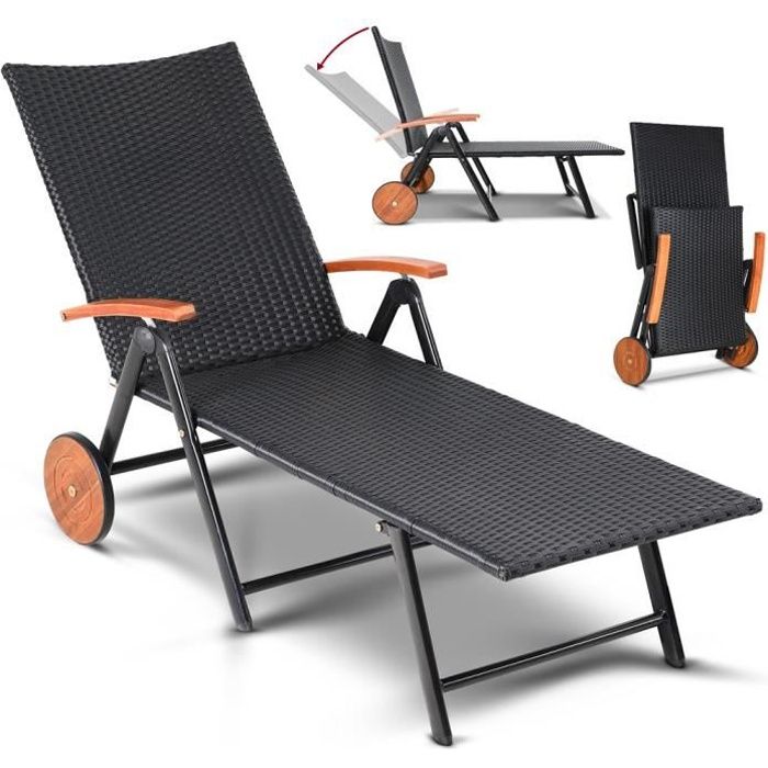 Chaise longue pliable polyrotin structure alu 2 roues en bois d'acacia accoudoirs réglable bain de soleil transat jardin terrasse