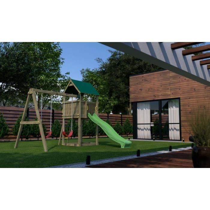 BALANCOIRE / PORTIQUEen bois Aire de Jeux Pollux pour Enfants (toboggan, balançoire, cabane)