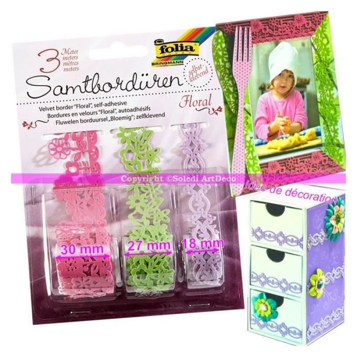3 rouleaux de Bordures dentelées florales en velours fuchsia, vert anis et mauve autocollants, 3x1mètre de long - Unique