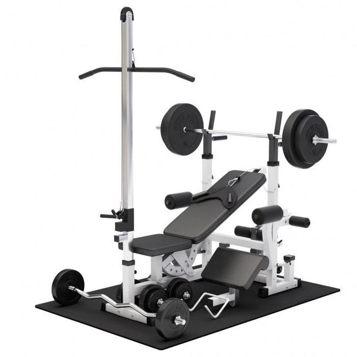 Gorilla Sports - Ensemble Universel Power Station 46 éléments - banc, poulie, poids, barres, tapis protéction