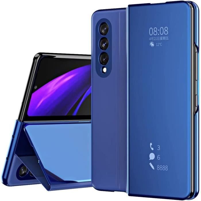 Coque Samsung Galaxy Z Fold 4 Luxe Clear View Miroir Mirror Makeup Fonction Debout Anti Rayures Samsung Galaxy Z Fold 4. Bleu Z