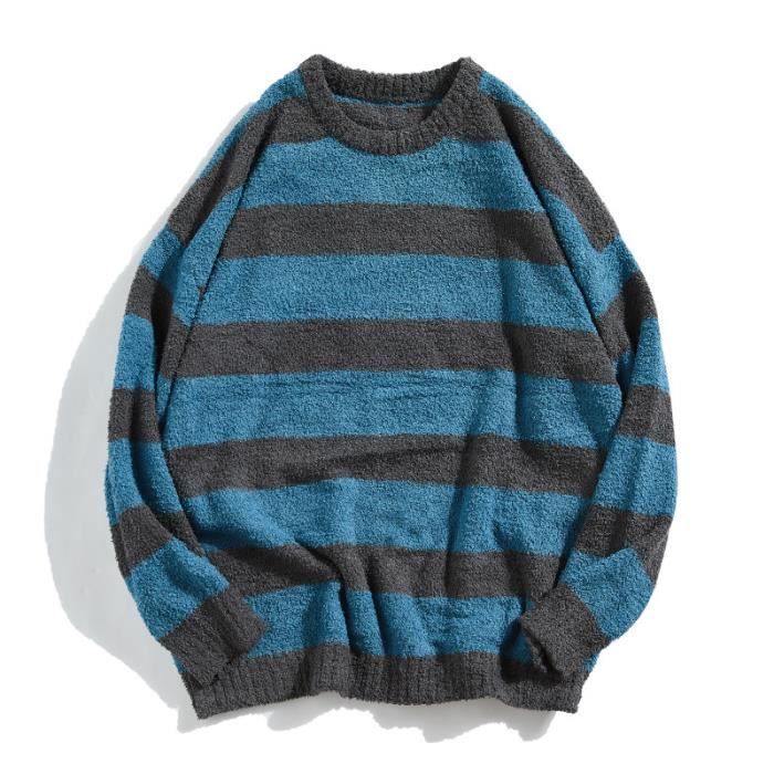 Bleu Noir Rayé Pull Hommes Baggy Pull Chandails