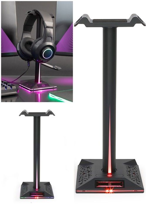 Support Casque 2 Ports USB RGB Porte Casque Gamer pour PC Gamer Gaming avec guide câble - vue 2