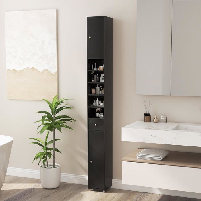 GOPLUS Colonne WC avec 2 Portes 1 Tiroir 5 Étagères Réglables Anti-basculement Meuble Colonne pour Petits Espaces 20x20x180cm