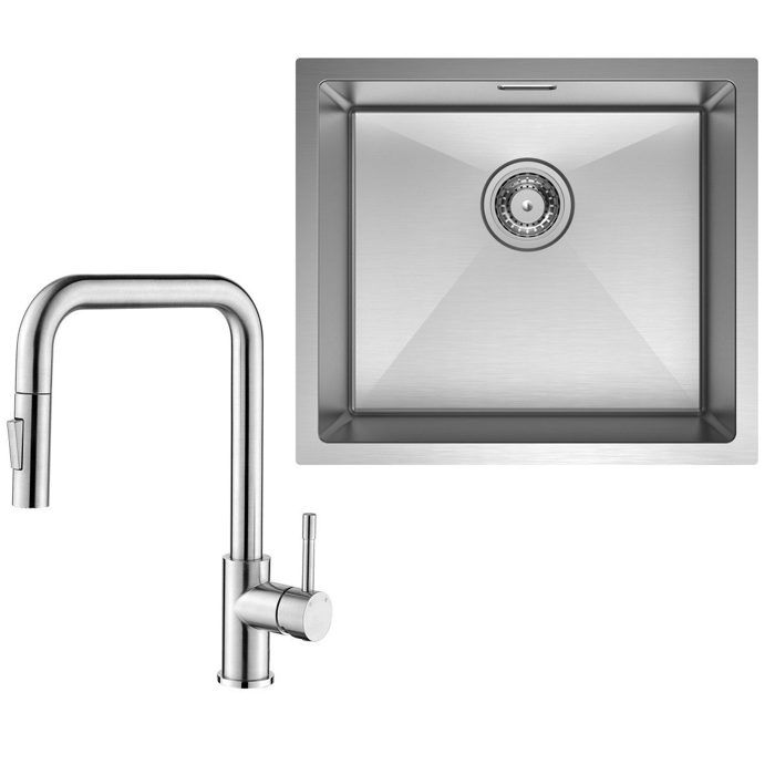 50x44cm Évier de Cuisine 1 bac sous plan+mitigeur extractible Brossé