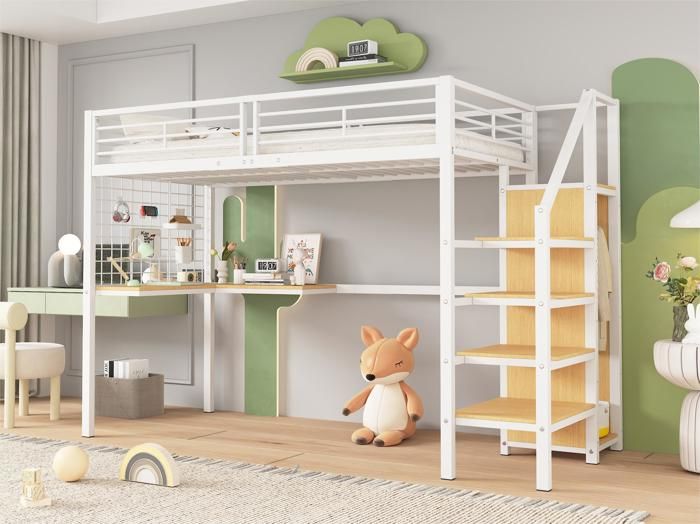 Lit mezzanine - Blanc - 90x200 cm - avec bureau et armoire - en fer - 1 place Lit mezzanine - Blanc - 90x200 cm - avec bureau et armoire - en fer - 1 place
