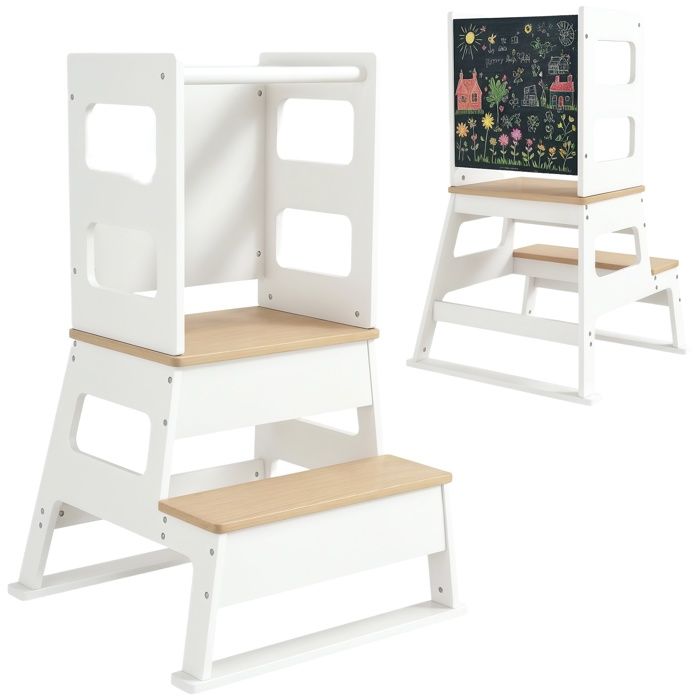 Tour dobservation enfant - AIYAPLAY - structure trapézoïdale - avec tableau noir barrière de sécurité - blanc