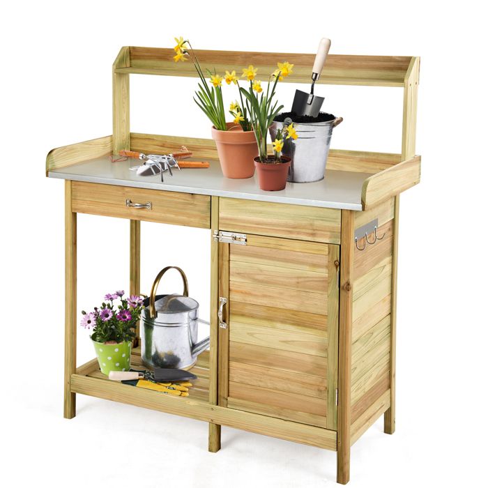 COSTWAY Jardinière Table d’Empotage en Bois de Sapin Tiroir et Porte Etagère Ouverte et 3 Crochets pour Jardin Terrasse Balcon