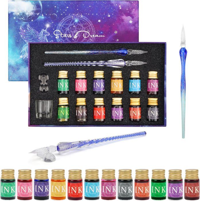Kit Calligraphie Débutant Belle Vous Kit Calligraphie 16 Pièces - Stylos Plume Verre, Encres Multicolores - Pour Débutants & Experts Ensemble écriture Artistique