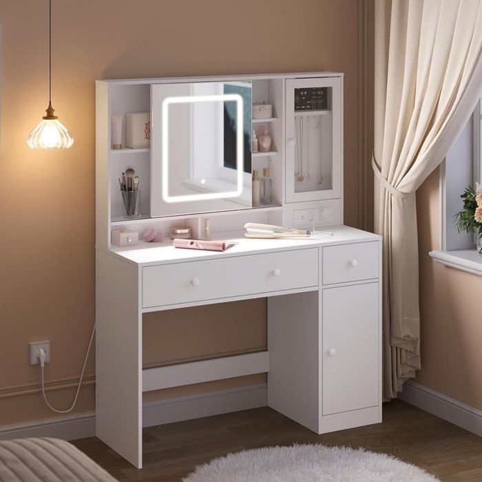 WOLTU Coiffeuse Miroir LED Réglable - Prise Intégrée - Grands Tiroirs et Placard Bijoux - Rangement Optimal - Blanc 108x40cm