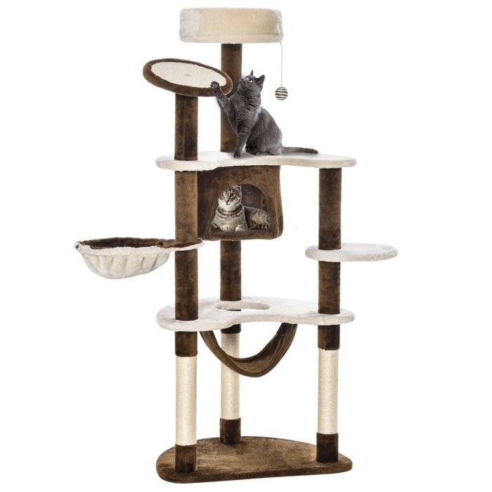 Arbre À Chat Xxl 153cm Avec Niche Hamac Et Aire De Jeu - Structure Grimpeur Peluche Marron Pour Chats Actifs & Calmes