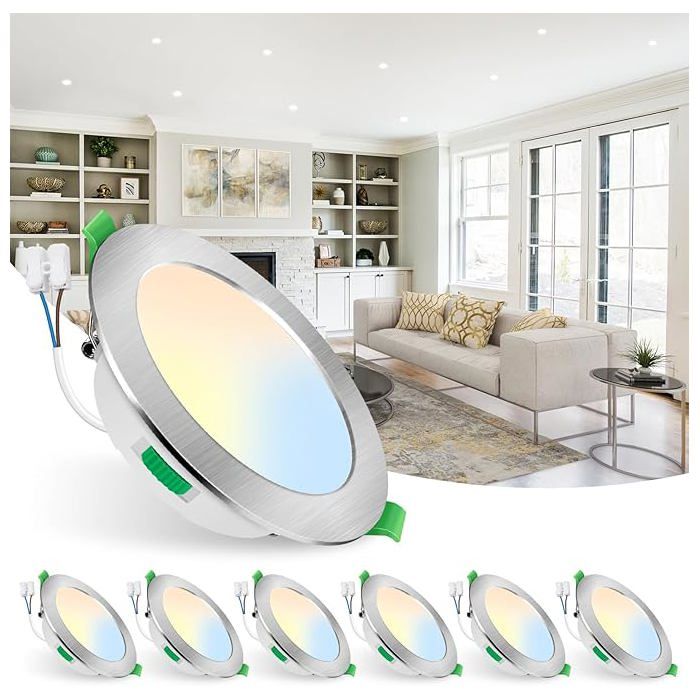ALUSSO LED Spot Encastré Nickel Extra Plat 5W 400LM Dimmable 3000K/4000K/6500K réglable Trou Φ72-85mm éclairage Plafond Lot de 6