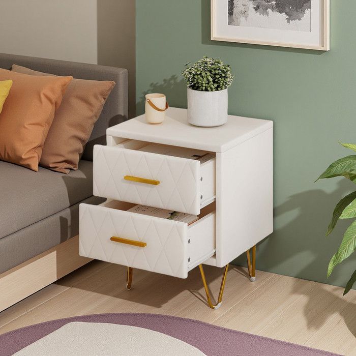 Table de chevet - Velours miel pieds dorés - Lot de 2 - 2 tiroirs - 41 x 35.5 x 51 cm
