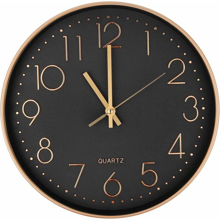 Horloge murale - PZCC - 25 cm - Silencieuse (mouvement quartz) - Or rose - Cadran noir
