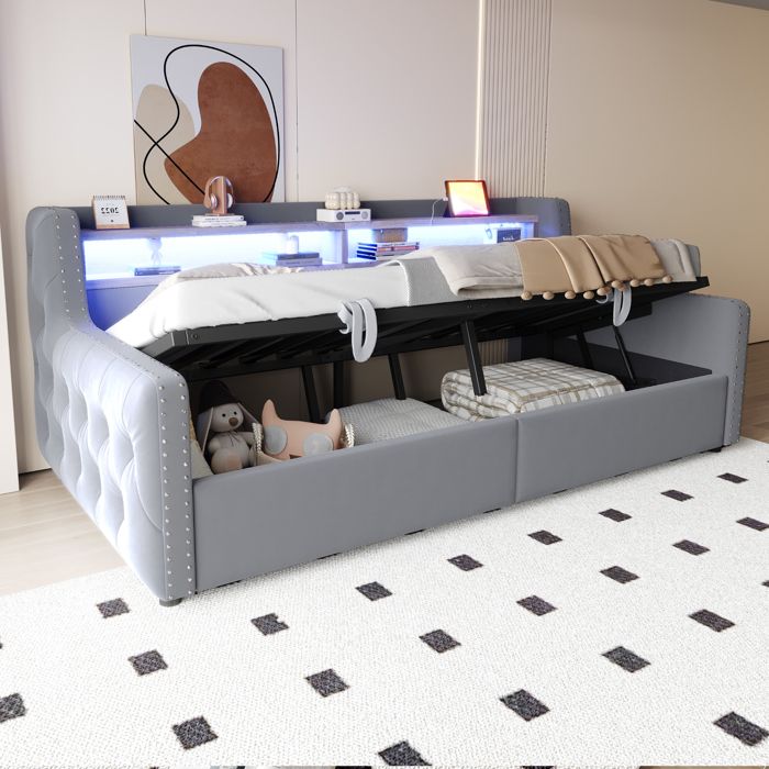 Canapé-lit rembourré 90 x 200 avec éclairage LED prise de courant et port de charge lit coffre avec sommier à lattes gris clair Canapé-lit rembourré 90 x 200 avec éclairage LED prise de courant et port de charge lit coffre avec sommier à lattes gris clair
