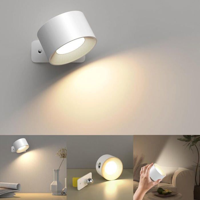 Feallive Lot De 2 Appliques Murales LED Avec Détecteur Mouvement - Batterie Rechargeable, 3 Luminosités, Rotatif 360°, Blanc