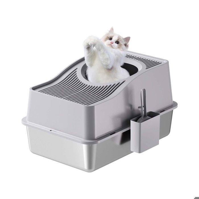 Comparer les prix de Litière chat inox 60x40x40 cm bac fermé XXL haute capacité contrôle des odeurs base antidérapante & pelle incluse blanc