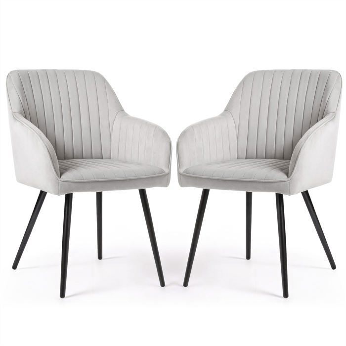 Lot de 2 Chaises en velours à surpiqûres FLORENCE Gris pieds noirs Lot de 2 Chaises en velours à surpiqûres FLORENCE Gris pieds noirs