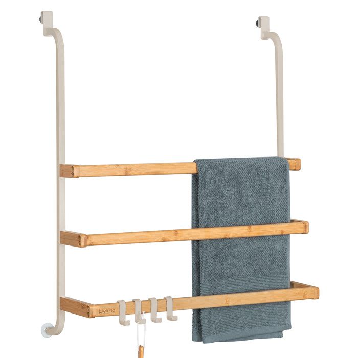 eluno Porte-serviettes pour la paroi de douche en verre avec 3 barres porte-serviettes en métal et bambou beige