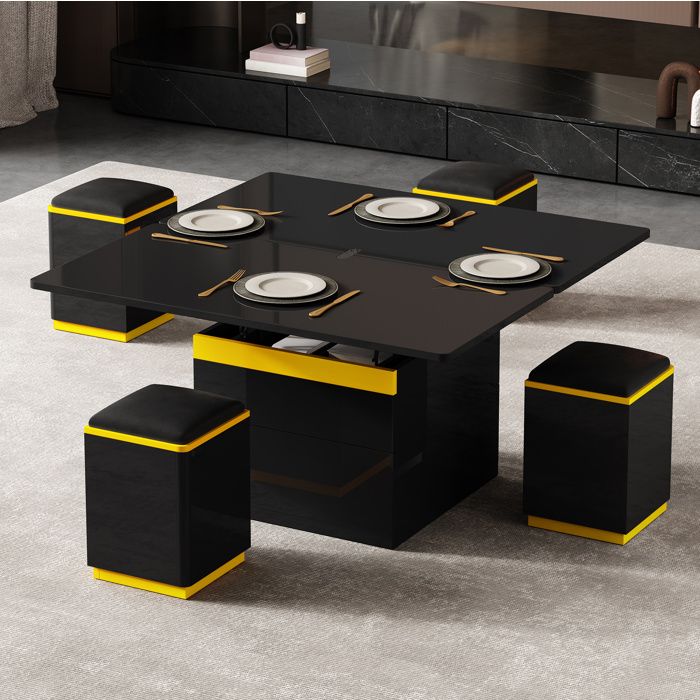 Table basse relevable et extensible – 4 tabourets avec rangement. table dappoint. MDF. 100x50x43 cm. noir/jaune