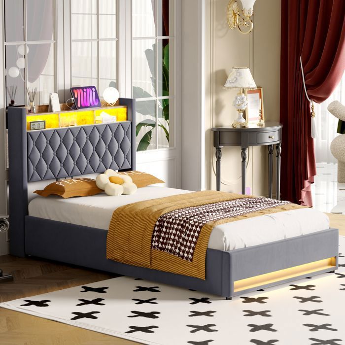 Lit Rembourré en Velours Gris 140x190 cm avec LED et Structure en MDF et Acier Inoxydable Sans Matelas Maisentiel