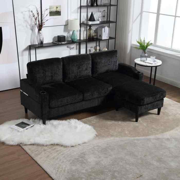 Canapé 4 places - VVBV - Modulable - Tissu chenille - Pouf coffre - Porte-gobelets & poches