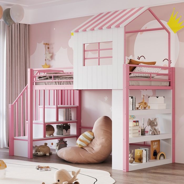 Lit mezzanine pour enfant en fer forgé 90 × 200 cm avec barrière de sécurité et étagères de rangement lit pour adolescent rose