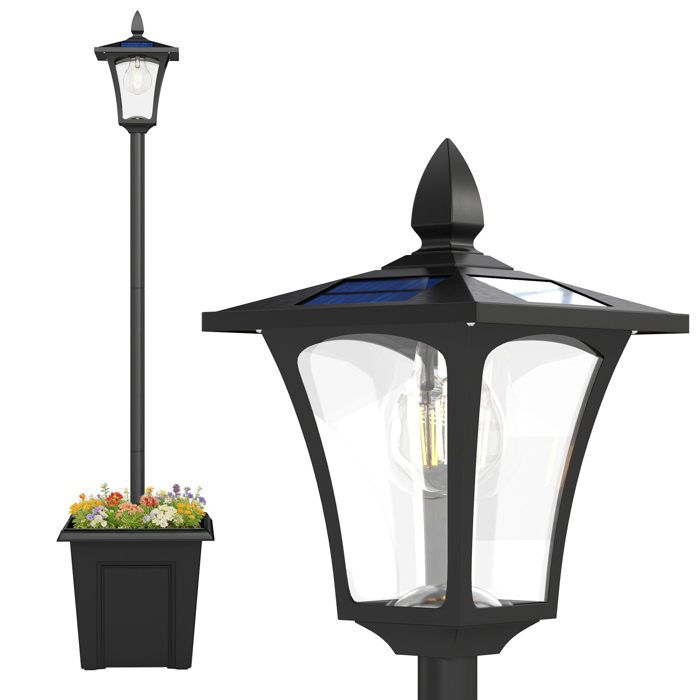 Lampadaire solaire extérieur - Outsunny - lumière LED étanche - avec jardinière pour plantes - Aluminium - 160cm - noir