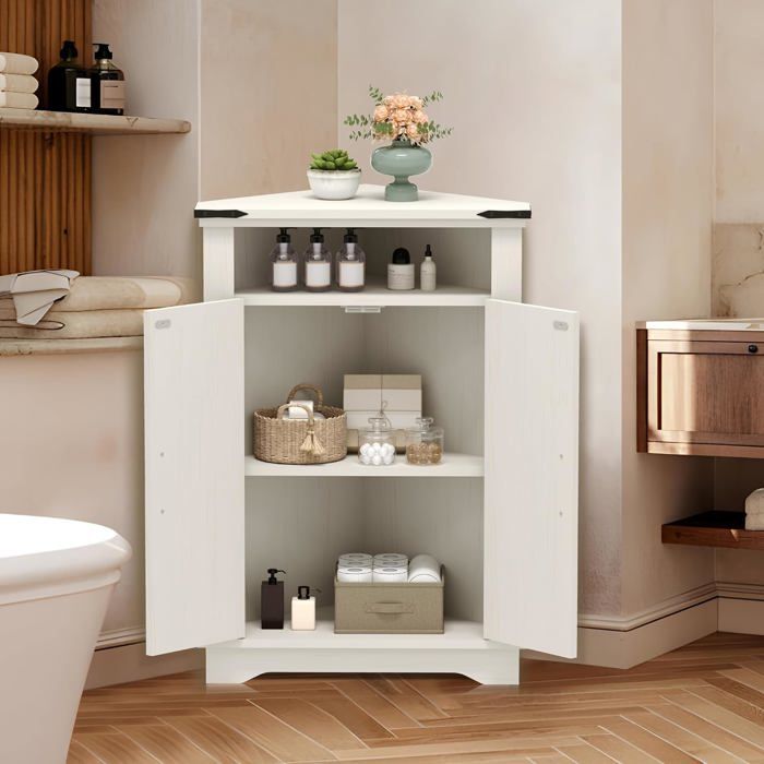 Armoire de rangement rustique - LUNSY - Blanc antique vieilli - 56x36x81 cm - Étagère supérieure ouverte