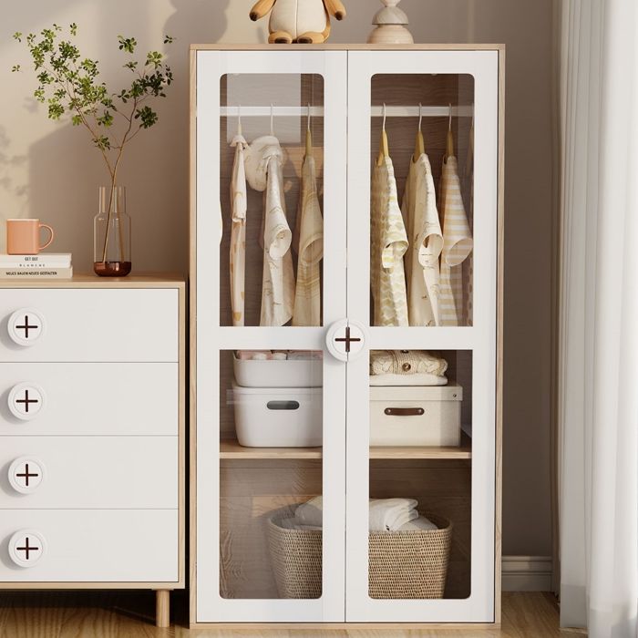 WELLTIN Armoire Enfant Penderie 2 Portes Tringles et Étagères Réglables Garde-robe Moderne Blanc et Bois 80x50x150cm
