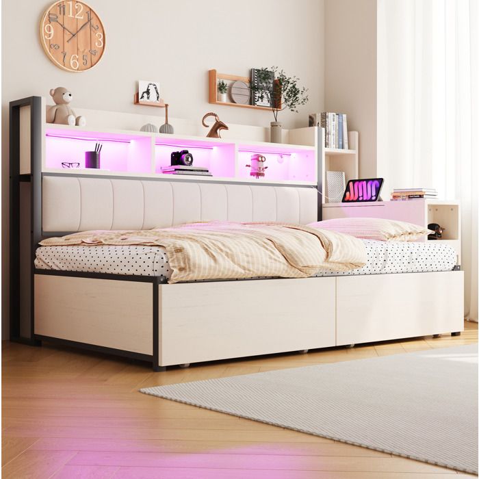 Lit Combiné 1 Place 90×200 cm 2 Tiroirs Bureau LED et Prises - BEAUNIV - sans matelas métal et bois - blanc