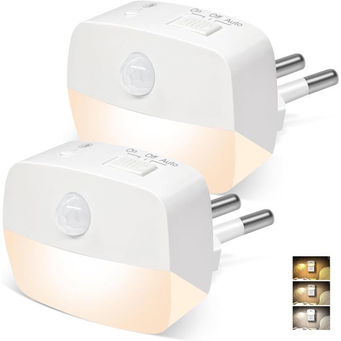Veilleuse Prise LED 3 Couleurs 3 Modes Lampe Nuit avec Détecteur de Mouvement et Capteur Crépusculaire Éco pour Usage Intérieur