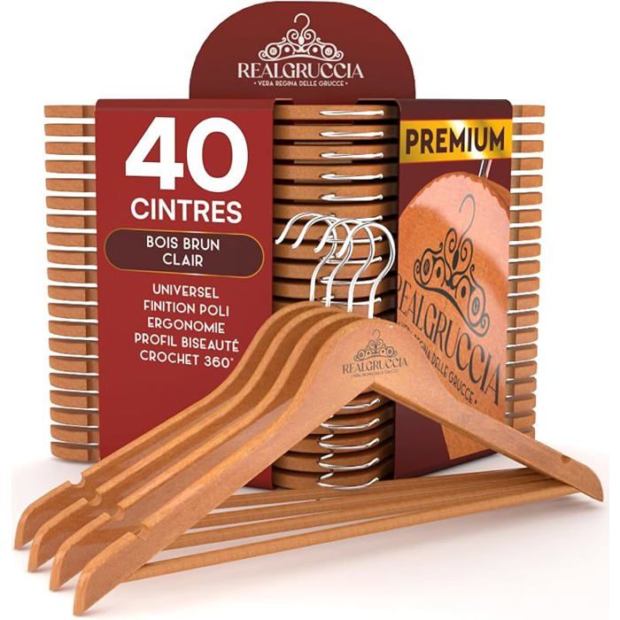40 Cintres en Bois Adulte pour Chemises Pantalons et Vêtements - Marron Clair - RealGruccia Cintre Couleur Marron Clair 40 CINTRE