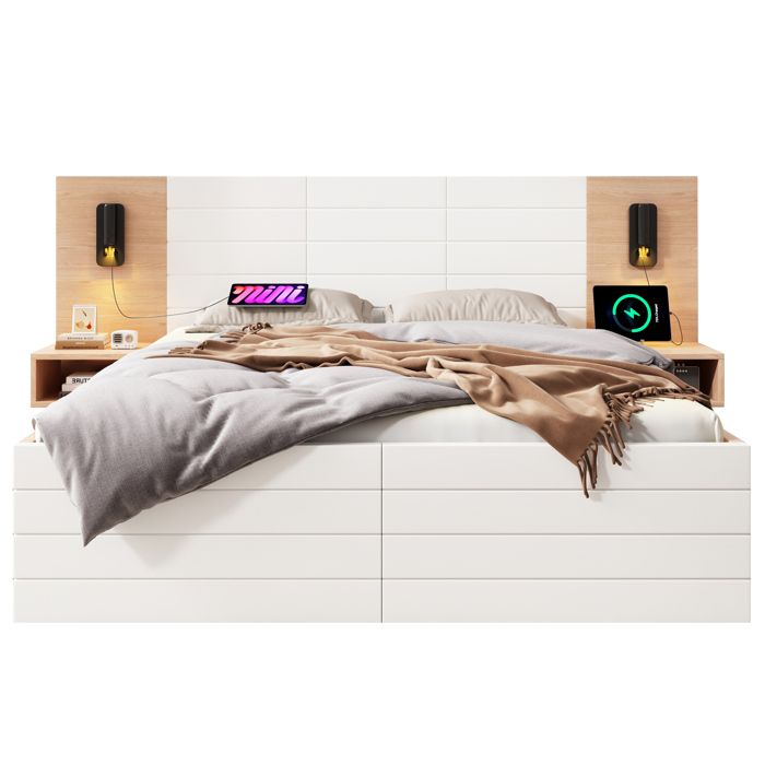 Lit double 140x200cm avec tiroirs lumière lecture USB sur tête 2 tables de chevet cadre et sommier chêne et blanc