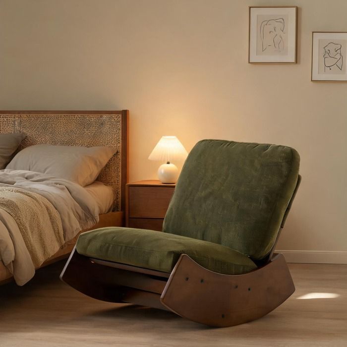 Fauteuil à bascule glisseur en tissu vert bois massif 90 x 61 5 x 71 9 cm assise moelleuse usage chambre ou salon