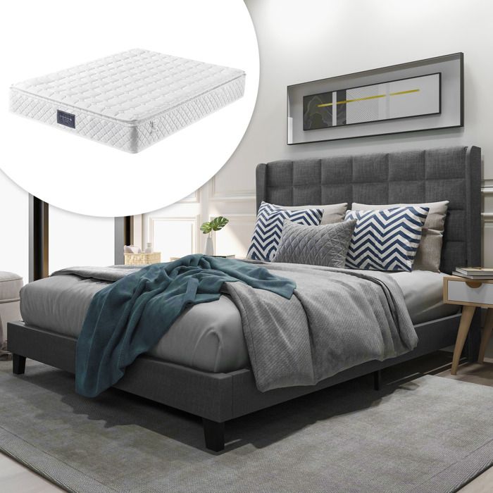 Lit double tapissé 140 x 200 cm gris avec sommier à lattes et matelas à ressorts ensachés 7 zones 25 cm