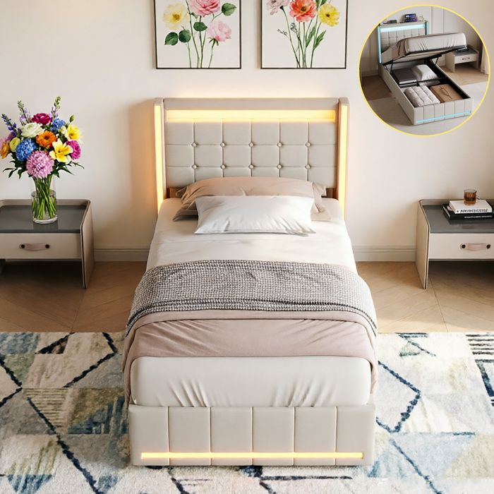 Lit Coffre 90x200CM avec LED RGB et USB Typ CTête de Lit Capitonnée Lit 1 place avec Sommier à Lattes en Bois Tissu LinBeige