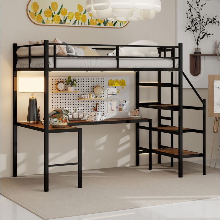 ROVRYN Lit mezzanine 90x190 cm avec bureau en L escalier de rangement structure en fer noir