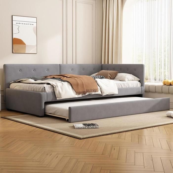 Daybed - KOMHTOM - Daybed 90x200cm - Lit gigogne - Tissu doux gris - Sommier à lattes 90x200 Daybed - KOMHTOM - Daybed 90x200cm - Lit gigogne - Tissu doux gris - Sommier à lattes 90x200